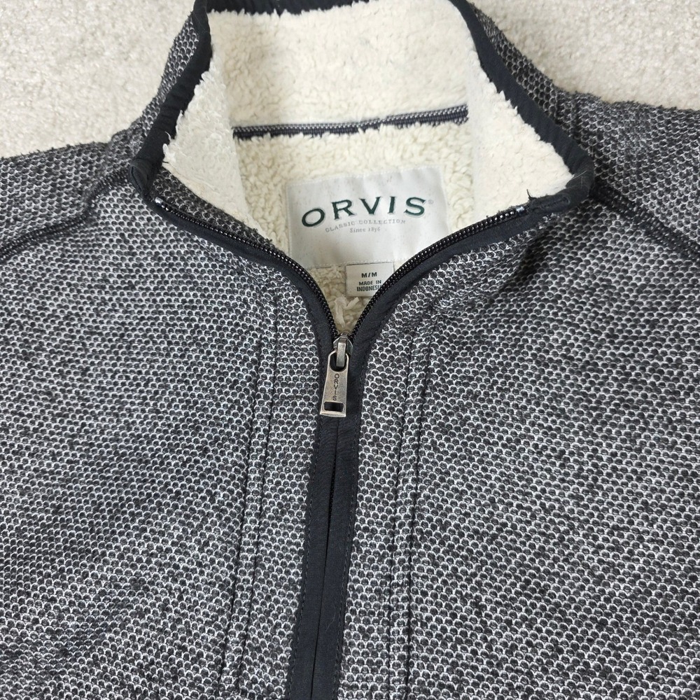 Orvis Quarter Zip Pullover Size M Sherpa Lined Waffle Knit Fleece Grey Sweater